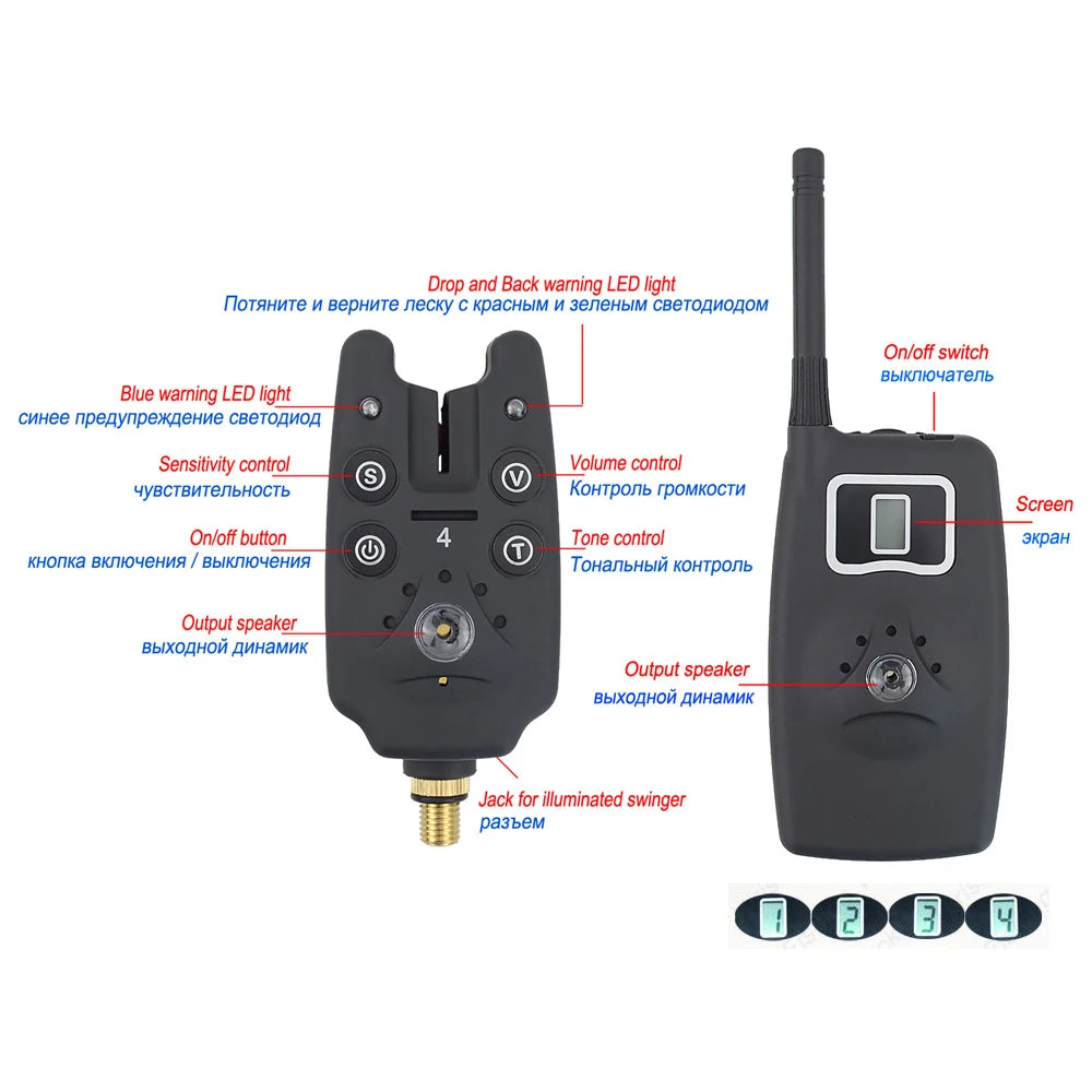 Wireless fishing bite alarm 1+4 set with 4pcs illuminated swinger in  EVA case for carp fishing B1203S